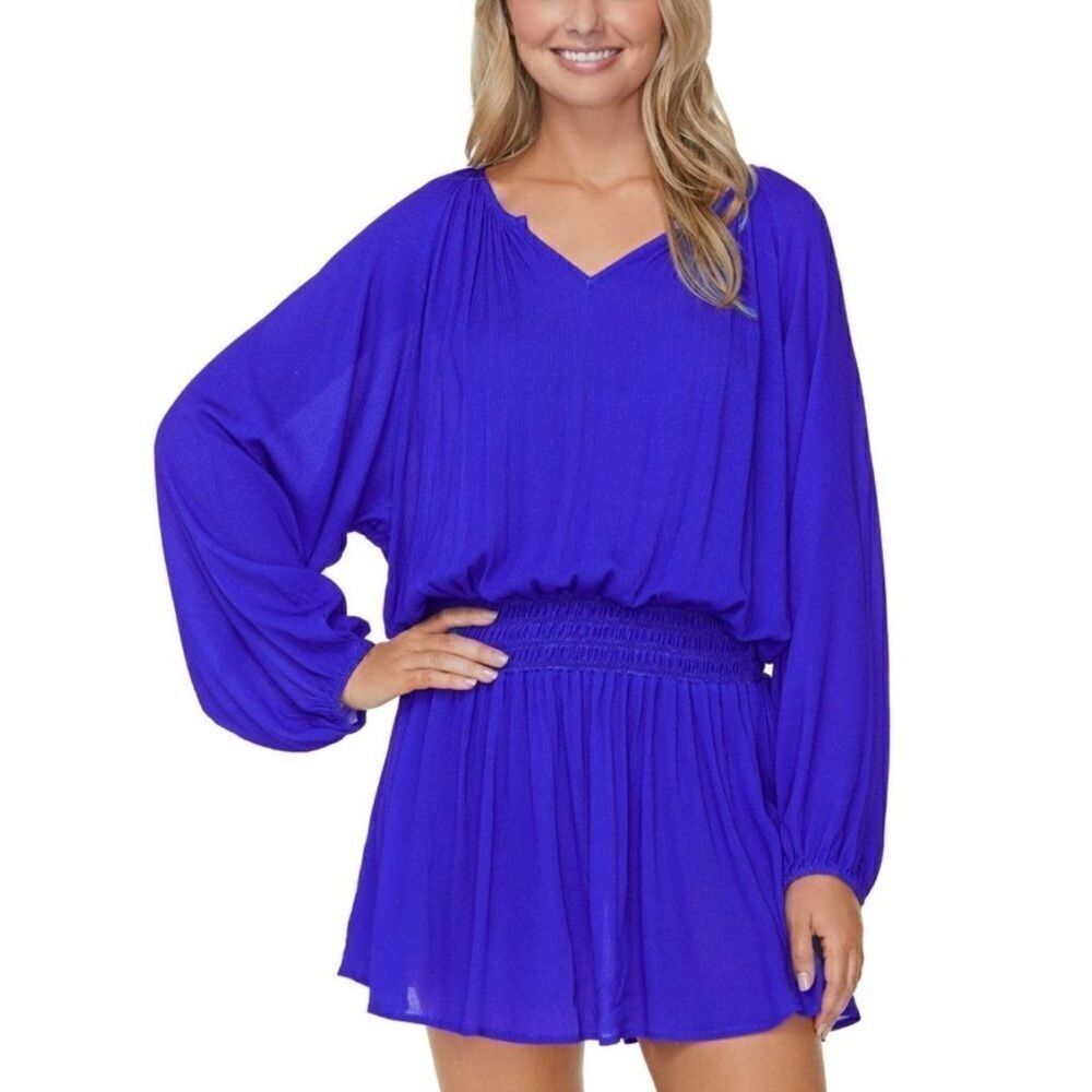 Raisins Juniors' Solid Maui Cover up Dress - Blue, swimsuit cover L